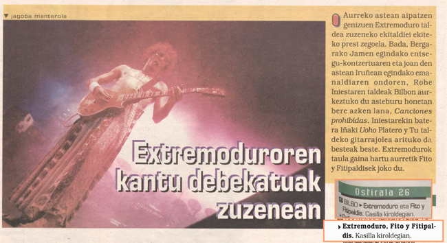 Foto y comentario del próximo concierto de Extremoduro y Fitipaldis en Bilbao (25/03/1999)